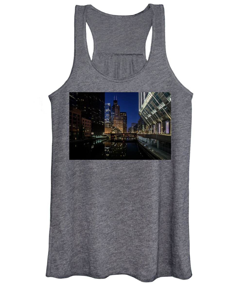 Chicago River Women's Tank Top featuring the photograph A Chicago River and Skyline at blue hour by Sven Brogren