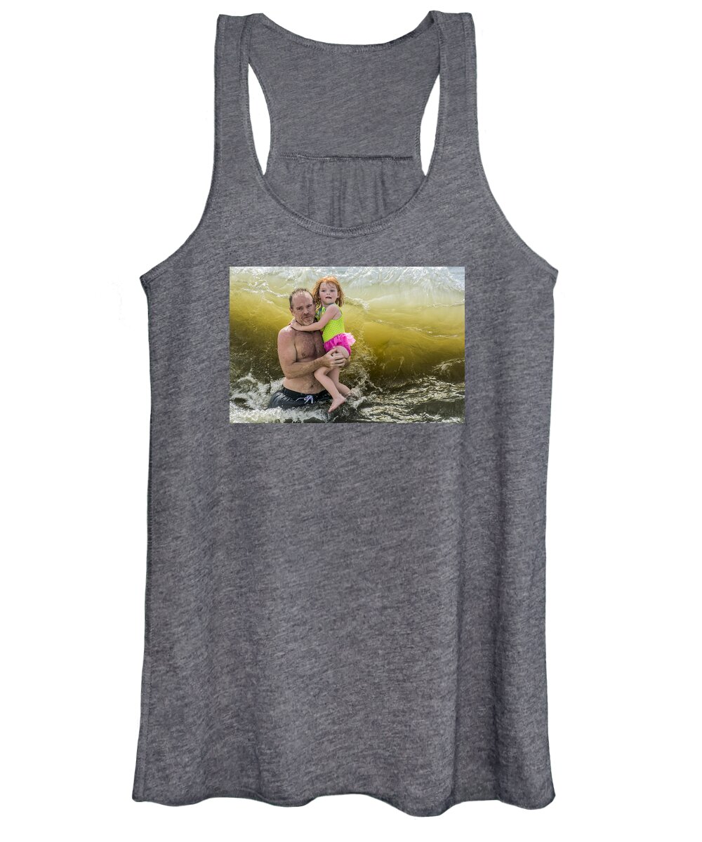 Beach Women's Tank Top featuring the photograph A Father, A Daughter, and A Big Wave by WAZgriffin Digital