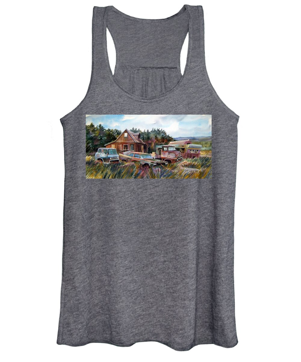 Cars Women's Tank Top featuring the painting Across the Road and Gone by Ron Morrison