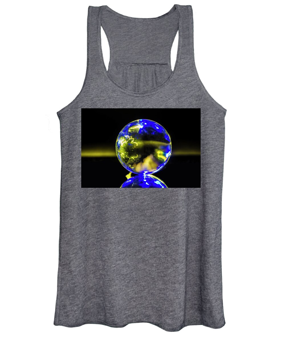 Glass Ball Women's Tank Top featuring the photograph An abstract blue and yellow glass ball image by Sven Brogren