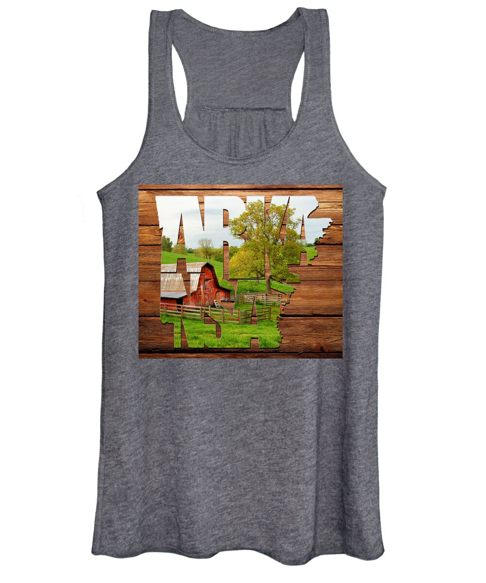 Barns Women's Tank Top featuring the photograph Arkansas Typographic Artwork on Wood - Pure Arkansas on Wood by Gregory Ballos