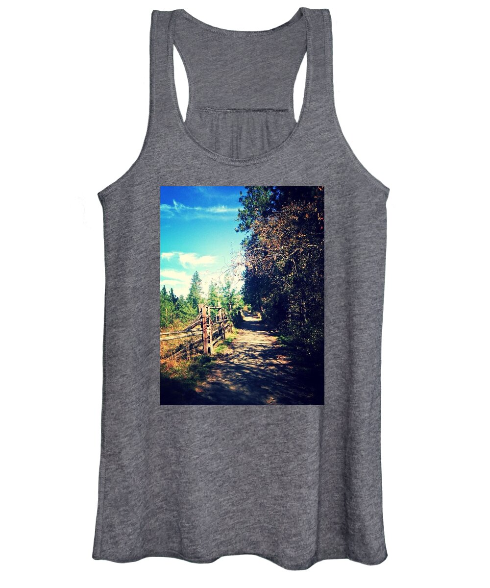 #hiking #sky #blue #clouds #skyporn #pathway #trees #fence #beautifulbc #beautiful #pretty #like #love #igers #instagood #instalike #kcco #mountain #fall #autumn #bc #sunny #relaxing #outdoors #nature #naturelover Women's Tank Top featuring the photograph Autumn Pathway by Sarah Robinson