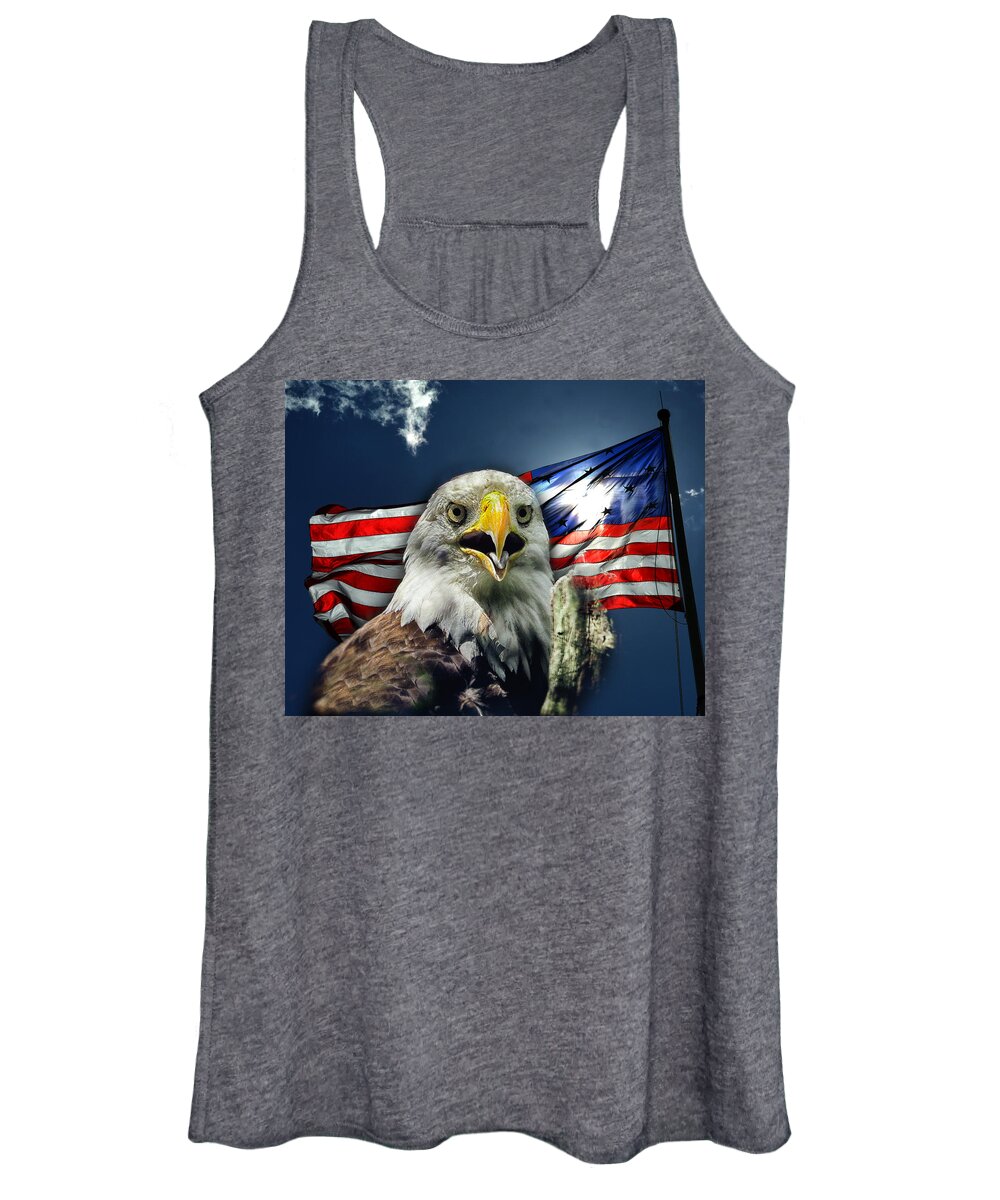 Bald Eagle Women's Tank Top featuring the photograph Bald Eagle and American Flag Patriotism by Bill Swartwout