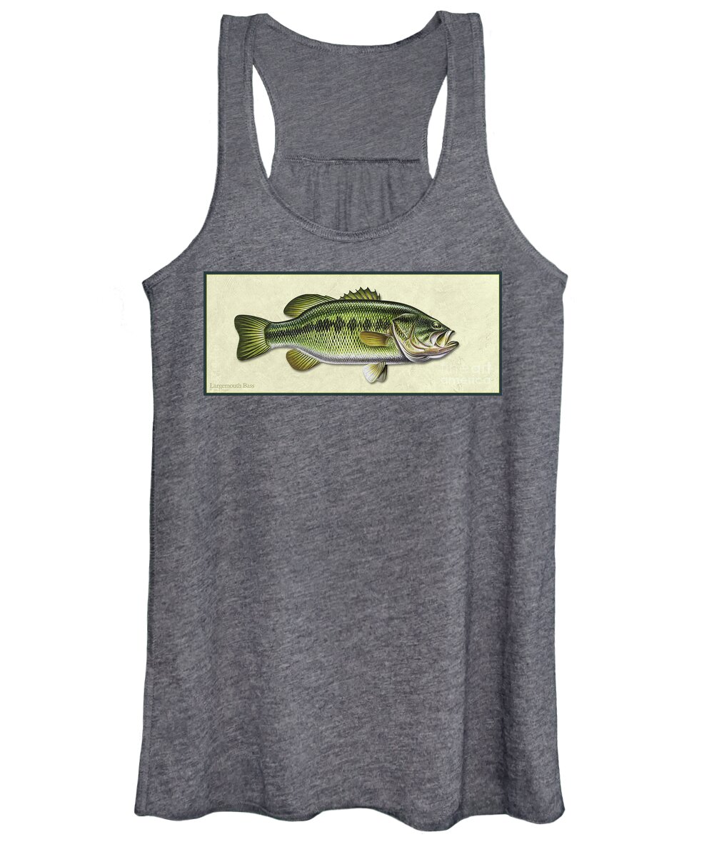 Jon Q Wright Bass Largemouth Bass Freshwater Gamefish Fishing Print Poster Tackle Lake Fish Id Women's Tank Top featuring the painting Bass ID by Jon Q Wright