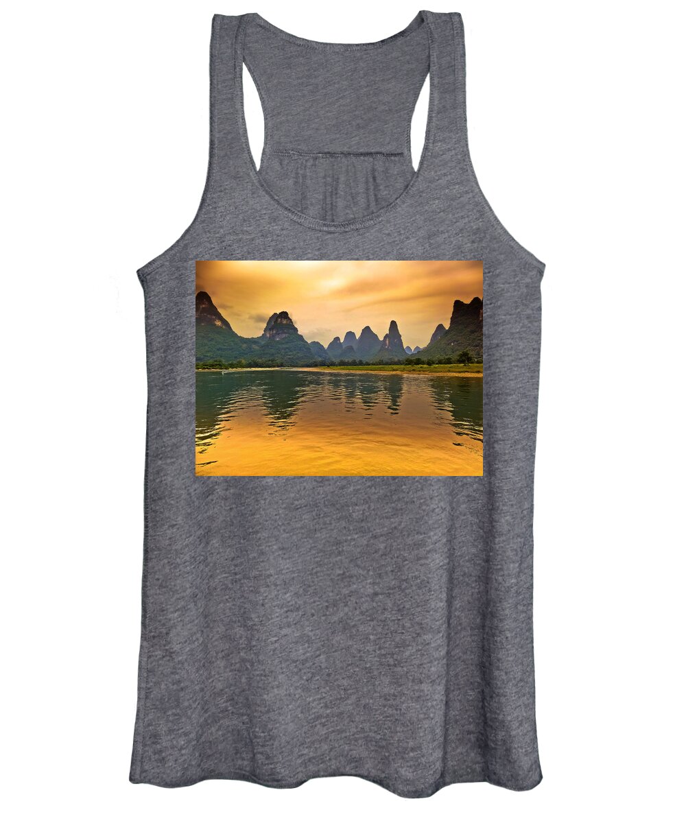 Sunset Women's Tank Top featuring the photograph Bathing in the golden landscape-China Guilin scenery Lijiang River in Yangshuo by Artto Pan
