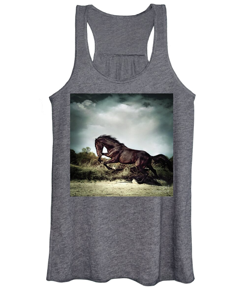 Horse Women's Tank Top featuring the photograph Beautiful black stallion horse running on the stormy sky by Dimitar Hristov