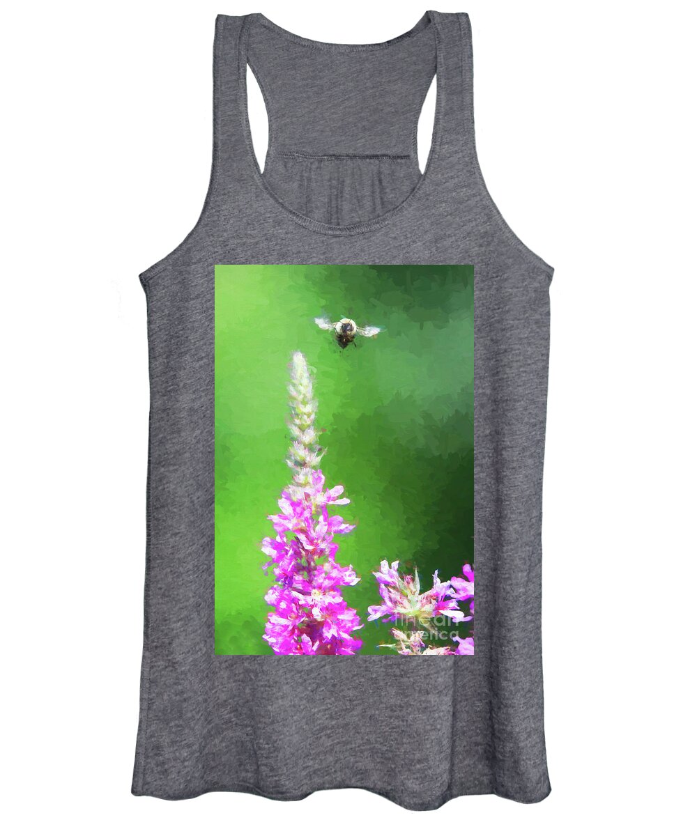 Green Women's Tank Top featuring the digital art Bee Over Flowers by Ed Taylor