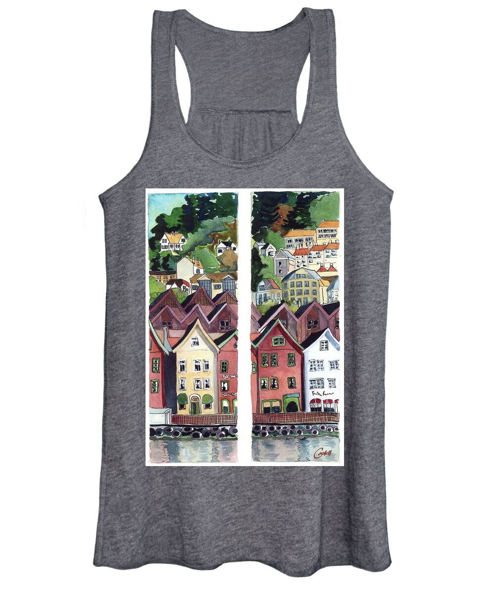 Bergen  Norway Townscape Historic Port  Women's Tank Top featuring the painting Bergen, Norway by Joan Cordell