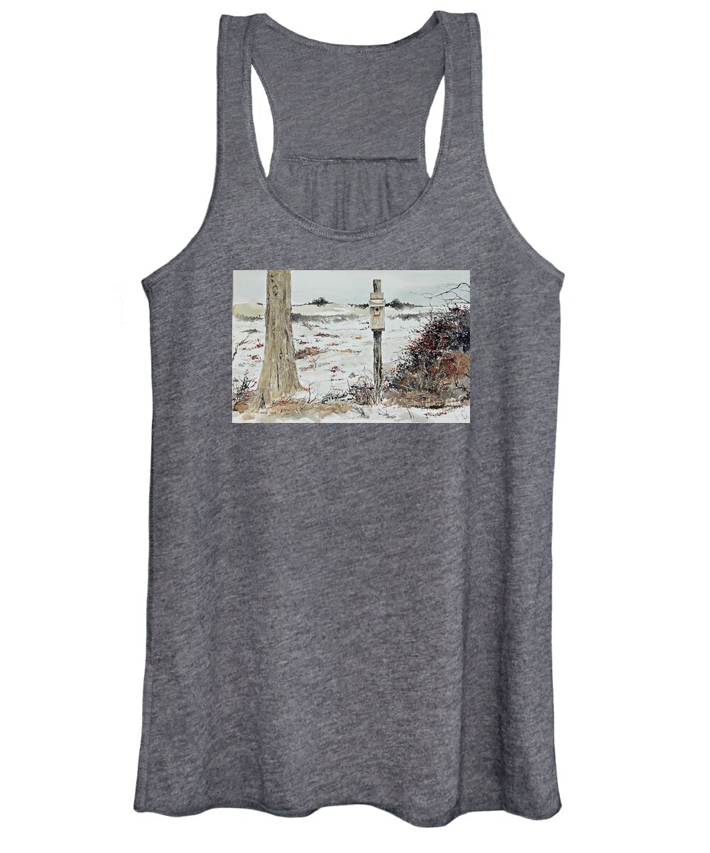A Bluebird House Hangs On A Wooden Fence Post With A Light Snow Covered Field In The Background. Women's Tank Top featuring the painting Bluebirds by Monte Toon