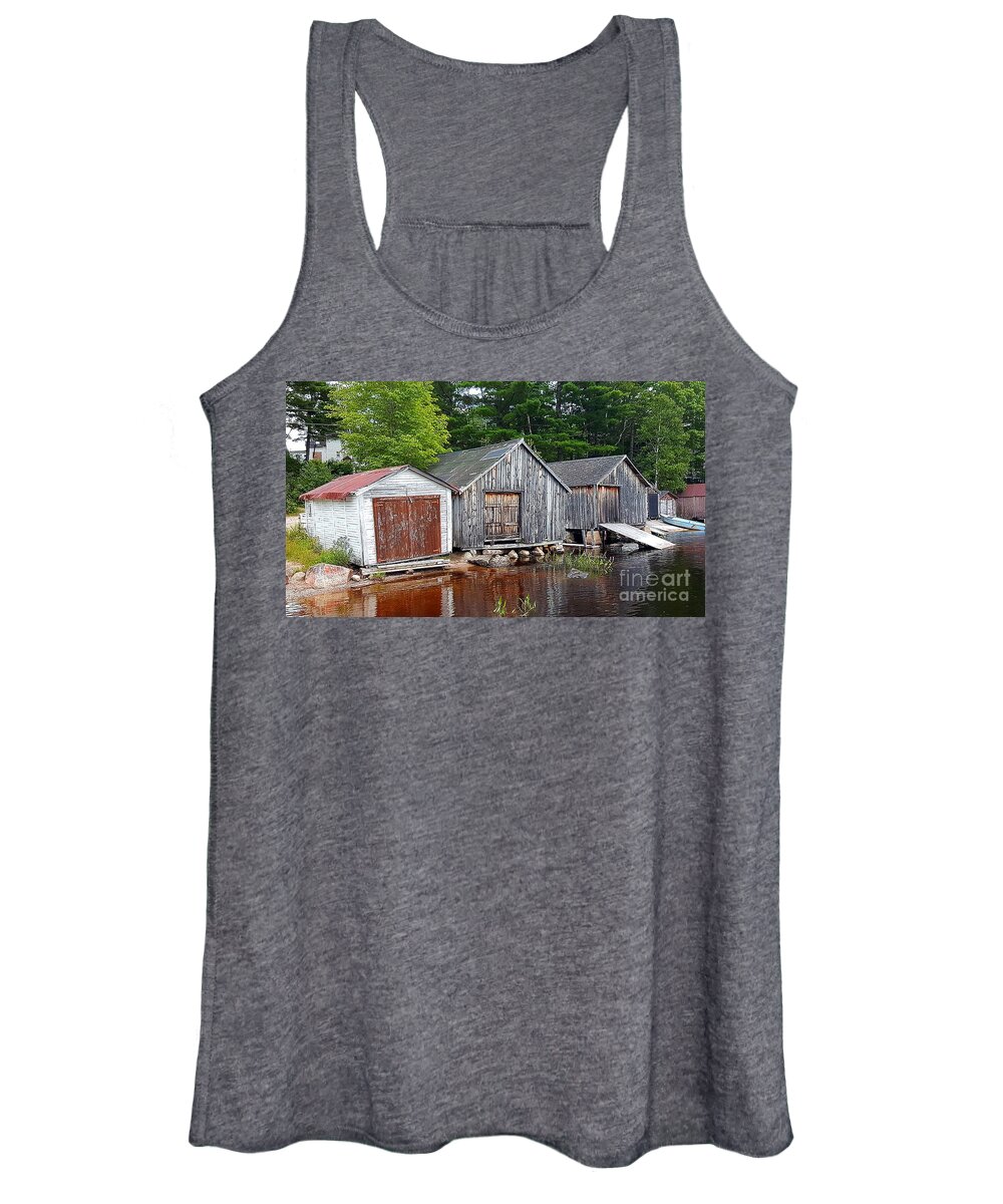 Boat Women's Tank Top featuring the photograph Boathouses - McAdam NB by Michael Graham