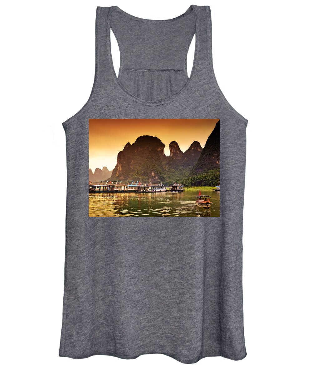 Sunset Women's Tank Top featuring the photograph Boats by the river return-China Guilin scenery Lijiang River in Yangshuo by Artto Pan