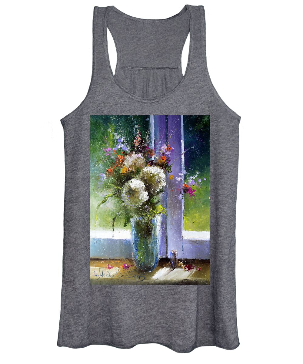 Russian Artists New Wave Women's Tank Top featuring the painting Bouquet at Window by Igor Medvedev