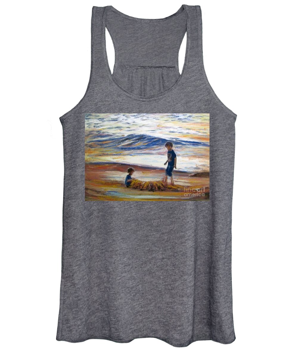 Boys Women's Tank Top featuring the painting Boys playing at the beach by Ryn Shell