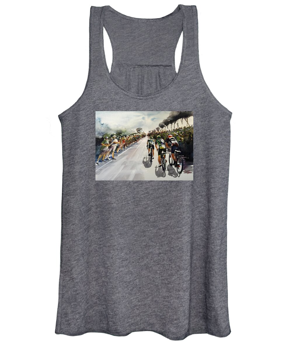 Le Tour De France Women's Tank Top featuring the painting Breakaway Through Crowds by Shirley Peters