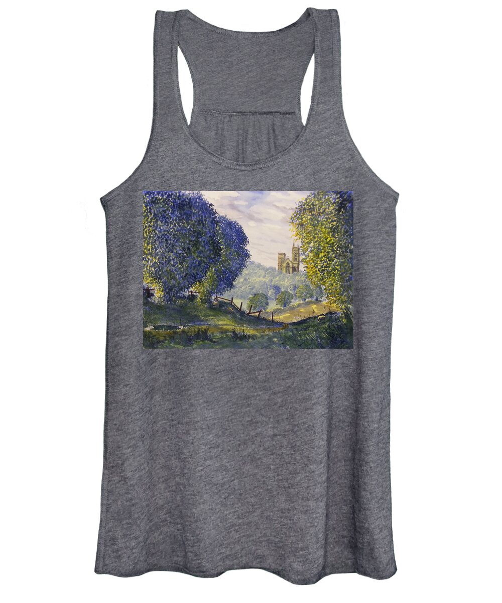 Glenn Marshall Yorkshire Artist Women's Tank Top featuring the painting Bridlington Priory from Woldgate on the Hockney Trail by Glenn Marshall