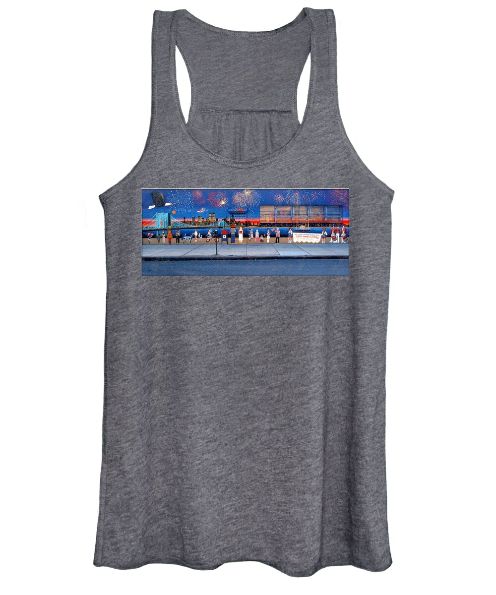 Cityscape Women's Tank Top featuring the painting Brooklyn Bridge Fireworks by Bonnie Siracusa