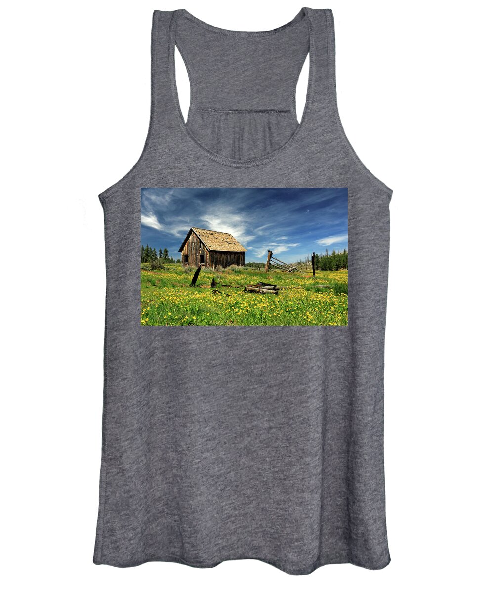 Rustic Women's Tank Top featuring the photograph Cabin In A Field Of Flowers by James Eddy