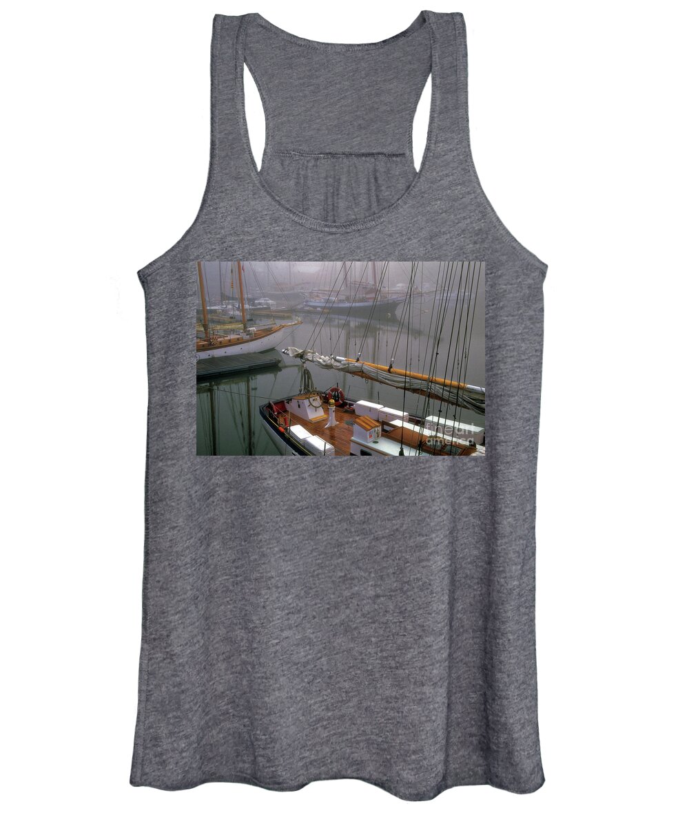 Boat Women's Tank Top featuring the photograph Camden Harbor in the fog by Kevin Shields