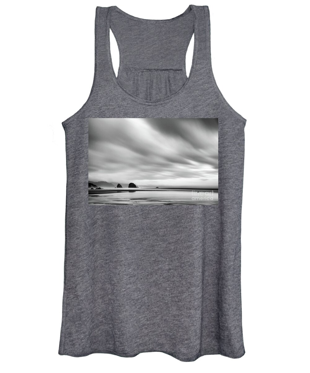 Haystack Rock Women's Tank Top featuring the photograph Cannon Beach long exposure sunrise in black and white by Paul Quinn