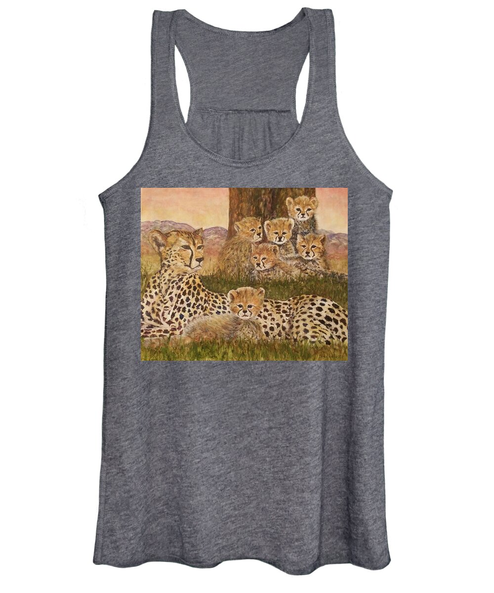Watercolor Women's Tank Top featuring the painting Cheetah Family Portrait by Cheryl Wallace