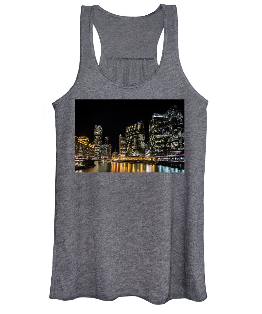Chicago Skyline Women's Tank Top featuring the photograph Chicago night skyline from wolf point by Sven Brogren