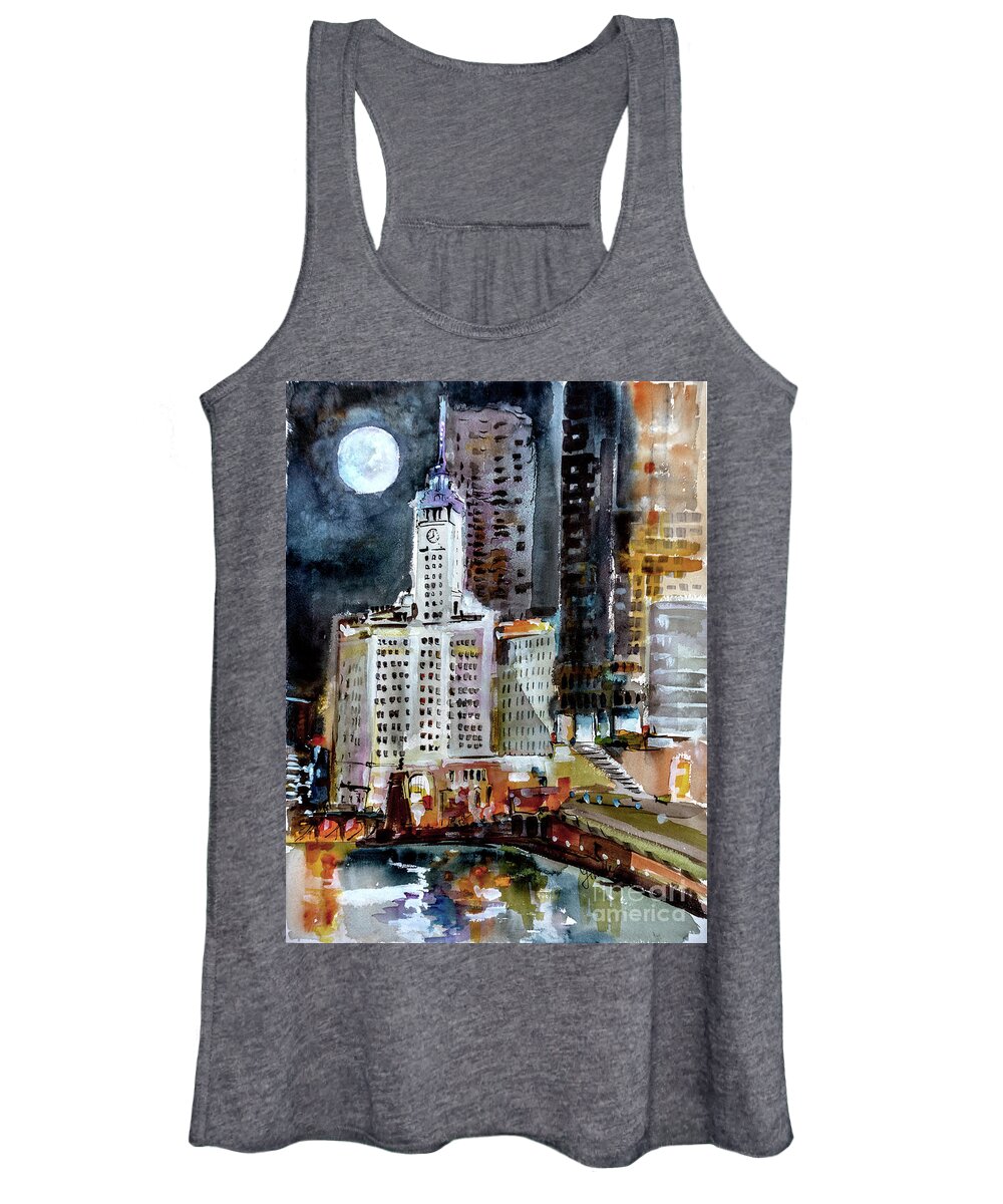 Chicago Women's Tank Top featuring the painting Chicago Night Wrigley Building Art by Ginette Callaway