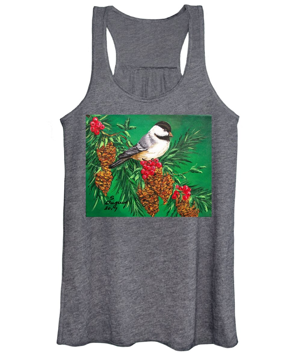 Chickadee Women's Tank Top featuring the painting Chickadee and Pine Cones by Sharon Duguay