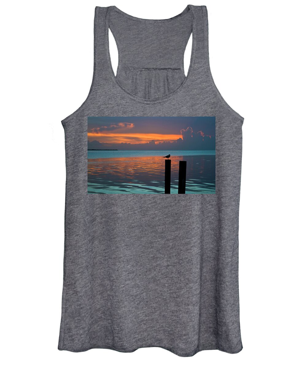 Tropical Women's Tank Top featuring the photograph Conch Key Sunset Bird on Piling by Ginger Wakem