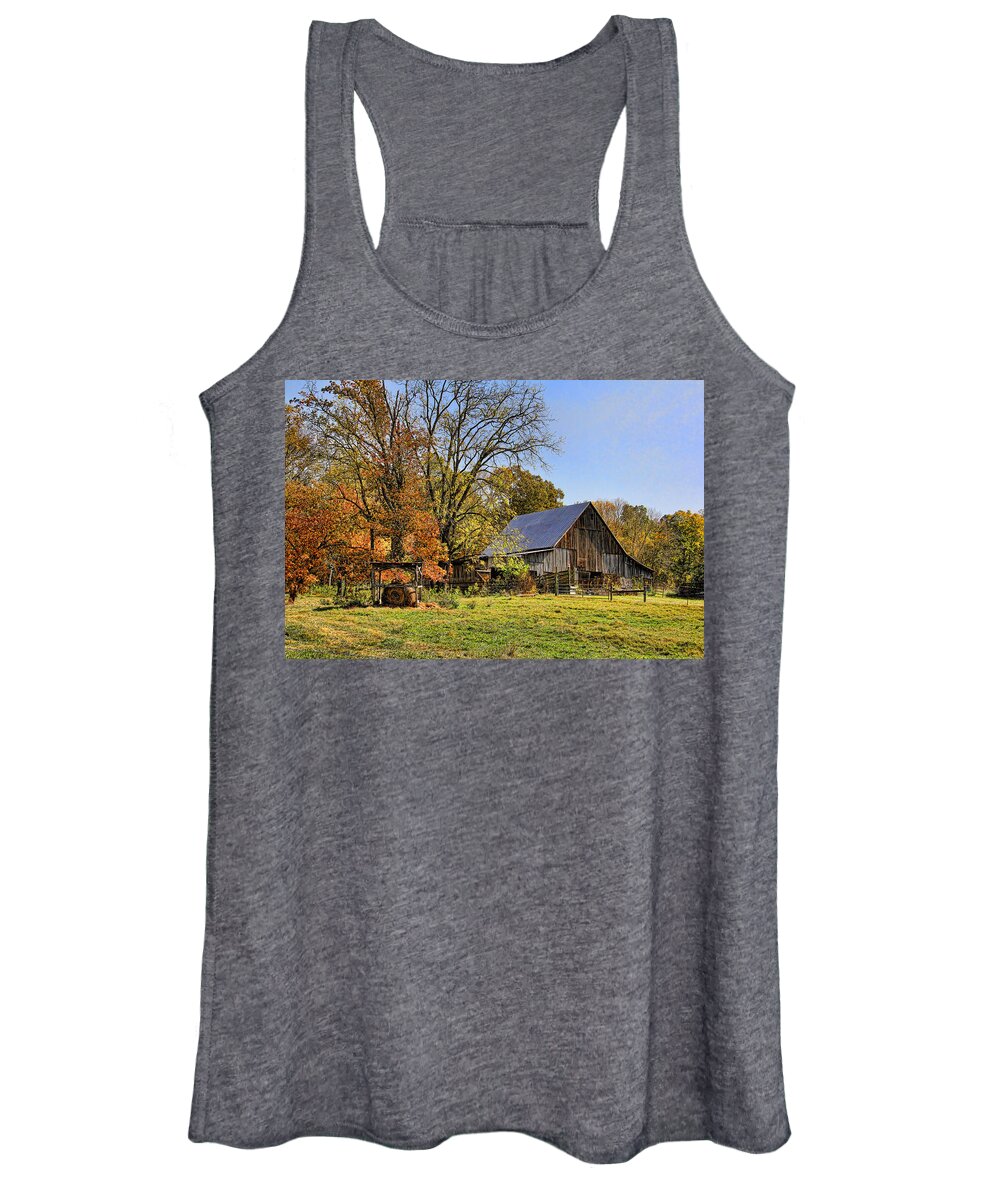 Appalachia Women's Tank Top featuring the photograph Country Barn And A Pink Flamingo by H H Photography of Florida by HH Photography of Florida