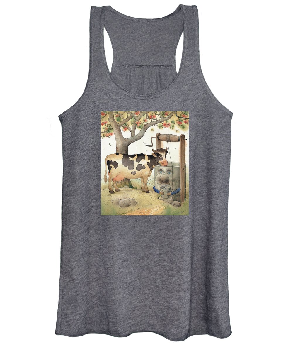 Cow Well Apple Tree Summer Green Thirst Women's Tank Top featuring the painting Cow and Well by Kestutis Kasparavicius