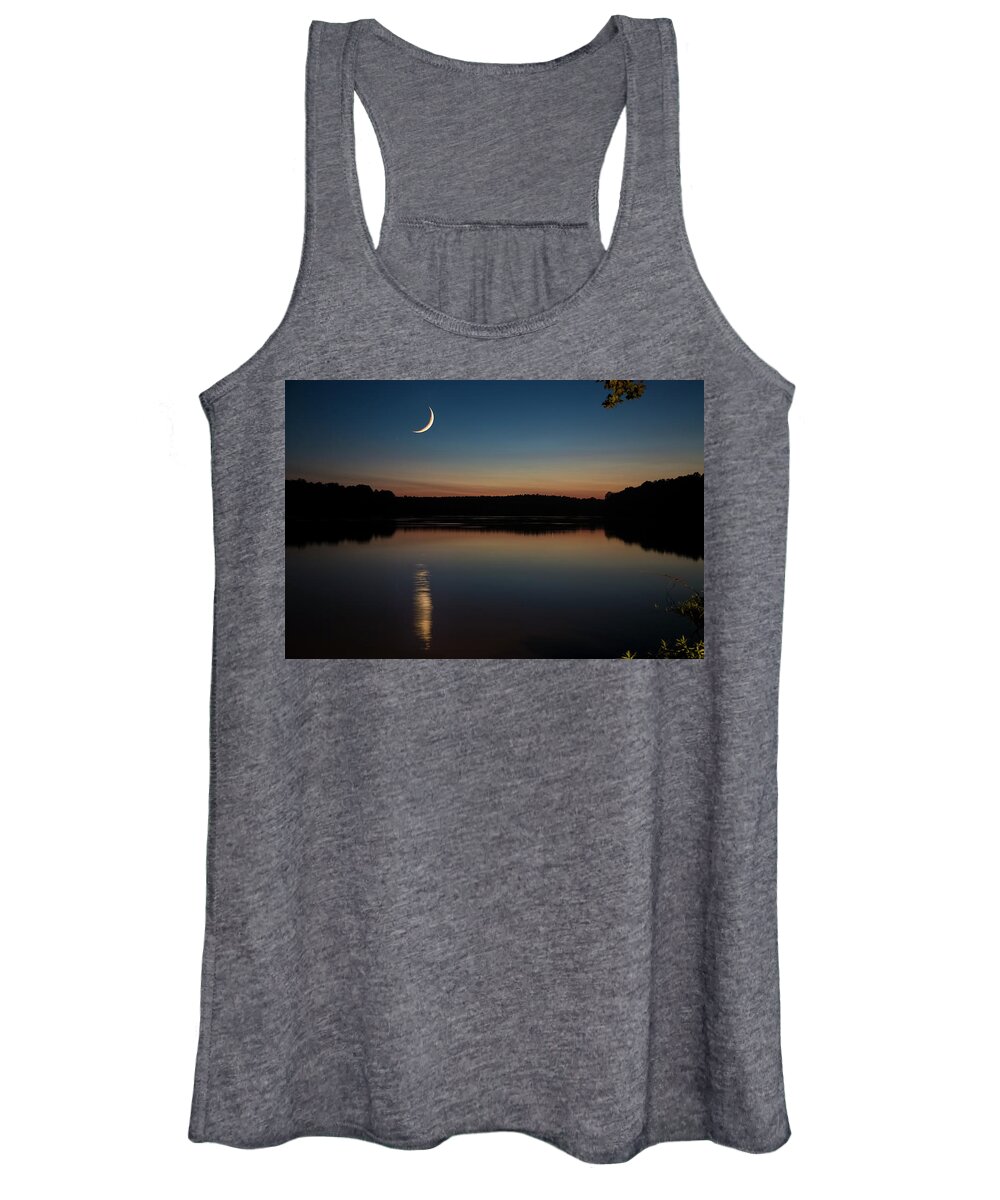 Crescent Moon Set At Lake Chesdin Women's Tank Top featuring the photograph Crescent Moon Set at Lake Chesdin by Jemmy Archer