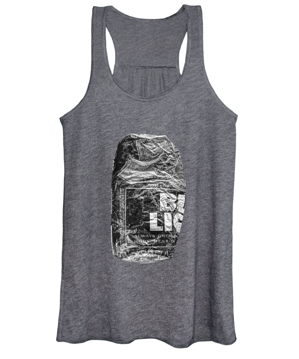 Black Women's Tank Top featuring the photograph Crushed Blue Beer Can on Plywood 78 in BW by YoPedro