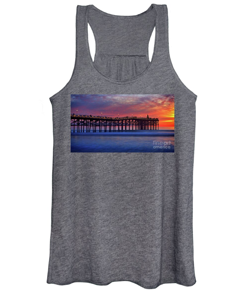 Crystal Pier Women's Tank Top featuring the photograph Crystal Pier in Pacific Beach decorated with Christmas lights by Sam Antonio