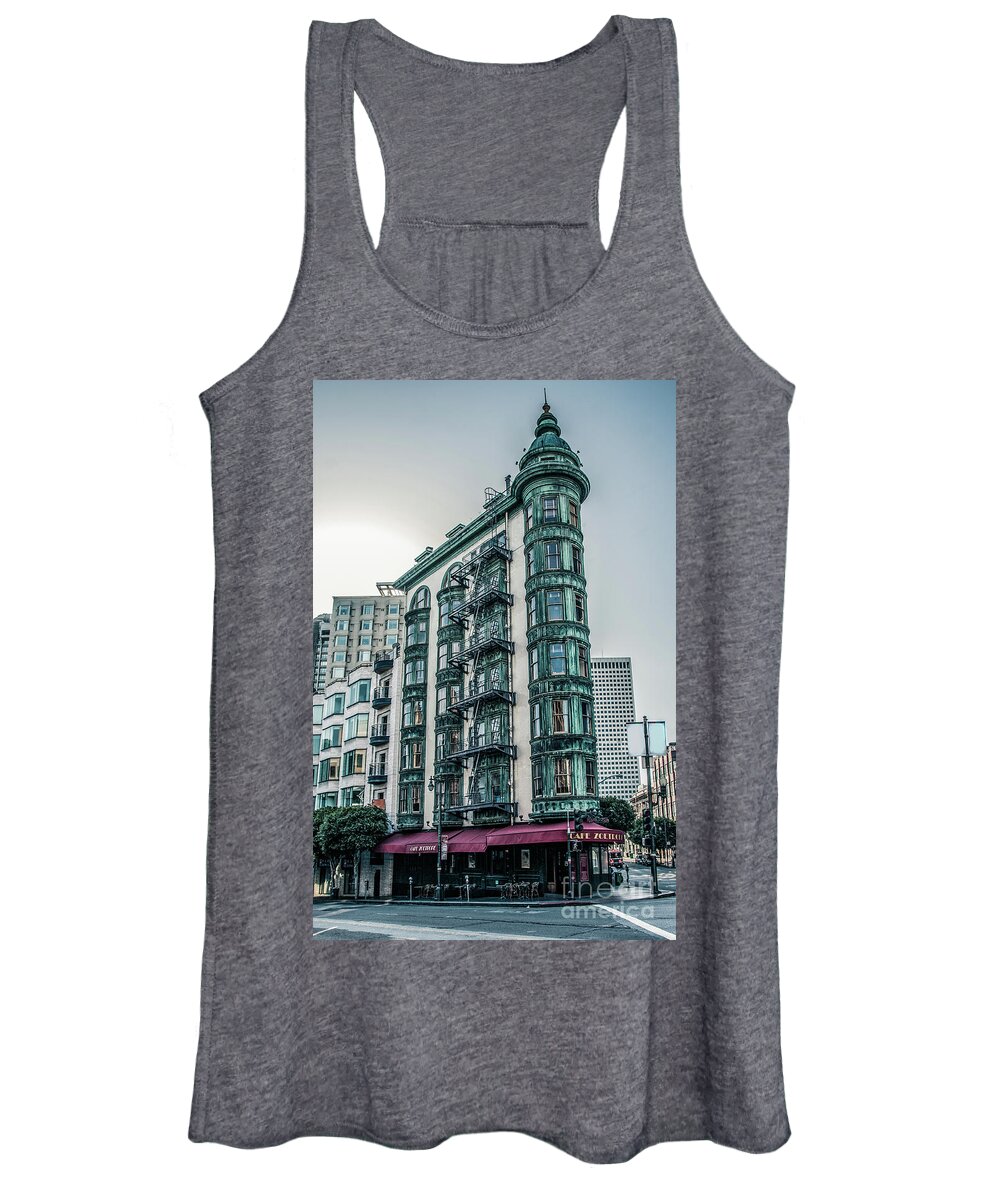Buildings Women's Tank Top featuring the photograph Dez 2016. San Francisco, USA - Old copper-green Columbus tower o by Amanda Mohler