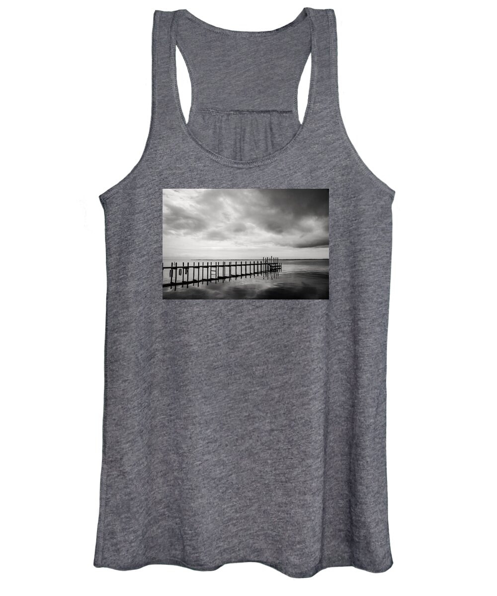 Duck Nc Women's Tank Top featuring the photograph Duck Pier in Black and White by Don Johnson