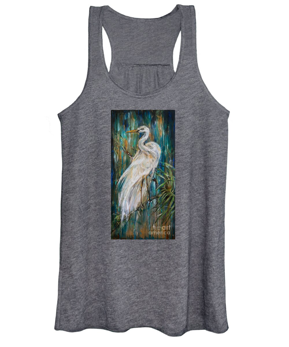 Egret Women's Tank Top featuring the painting Egret Near Waterfall by Linda Olsen