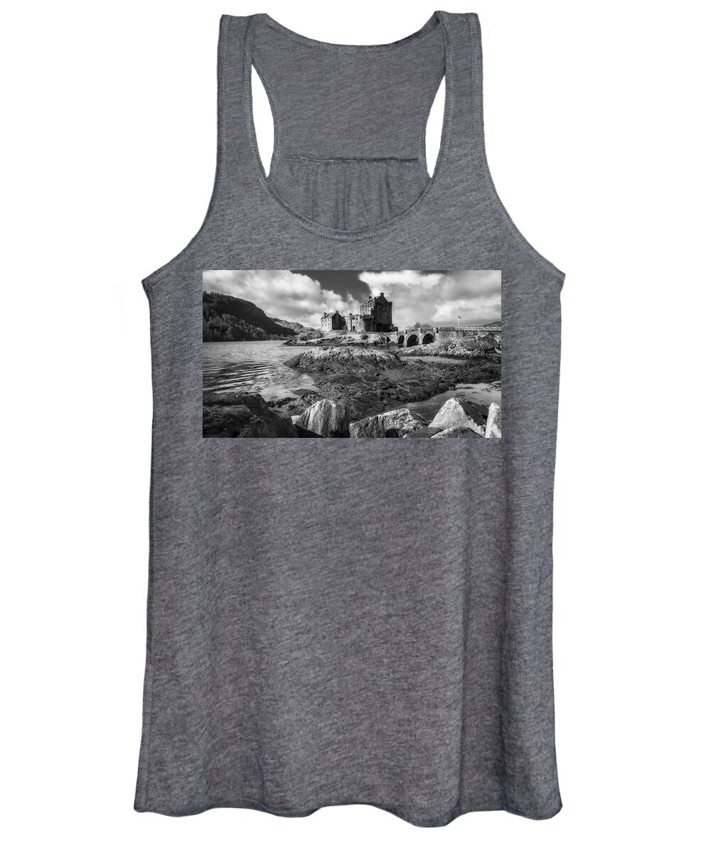 Eilean Donan Women's Tank Top featuring the photograph Eilean Donan Castle in black and white by Holly Ross