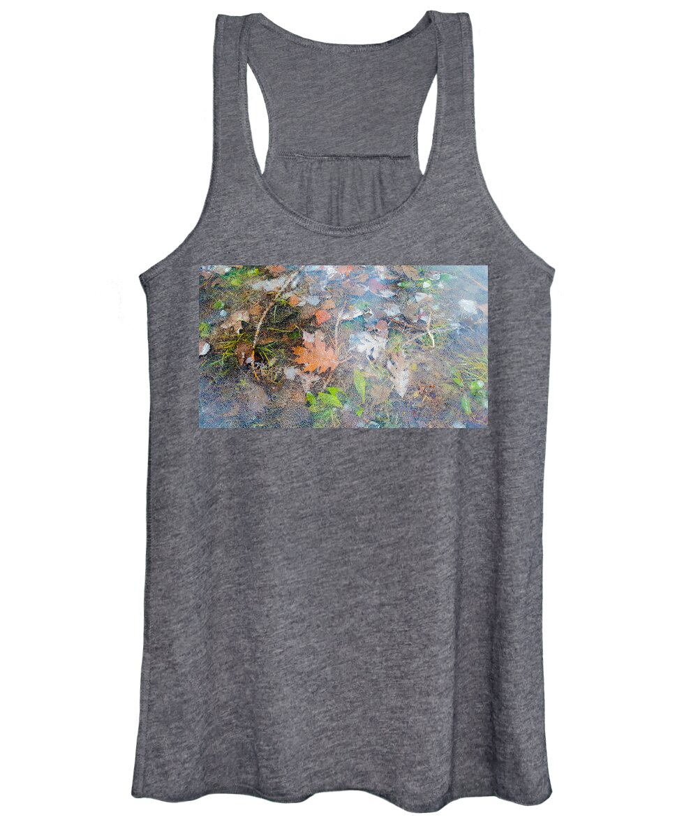 Abstract Women's Tank Top featuring the photograph Fall Leaves in a Frozen Puddle by Lynn Hansen