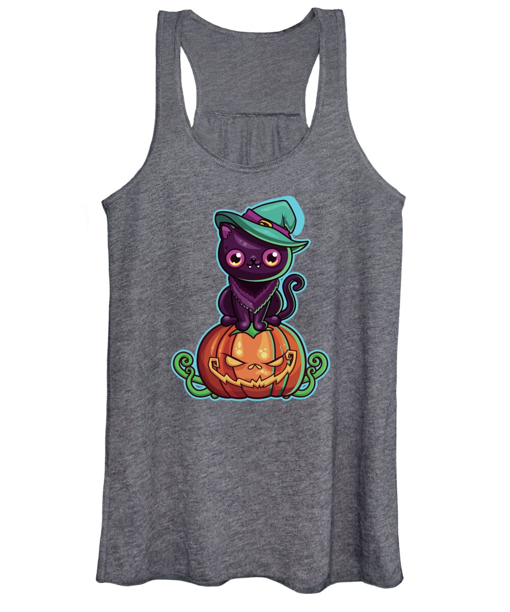 Halloween Women's Tank Top featuring the painting Ferociously Cute Halloween Vampire Witch Kitty C by Little Bunny Sunshine