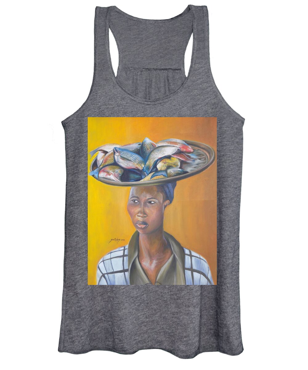Yellow Women's Tank Top featuring the painting Fish Seller by Olaoluwa Smith