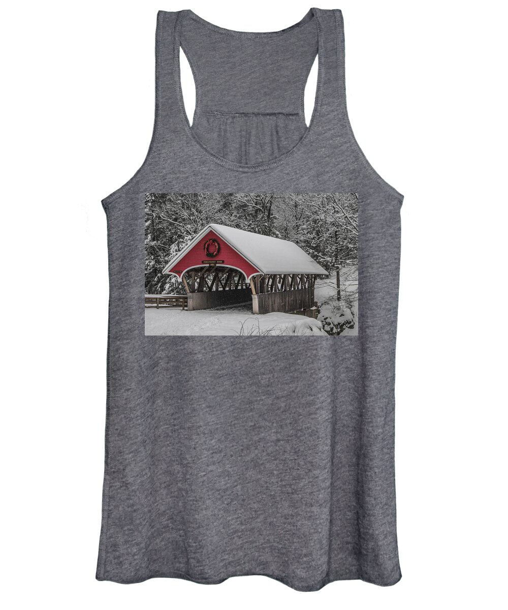Flume Women's Tank Top featuring the photograph Flume Covered Bridge in Winter by White Mountain Images