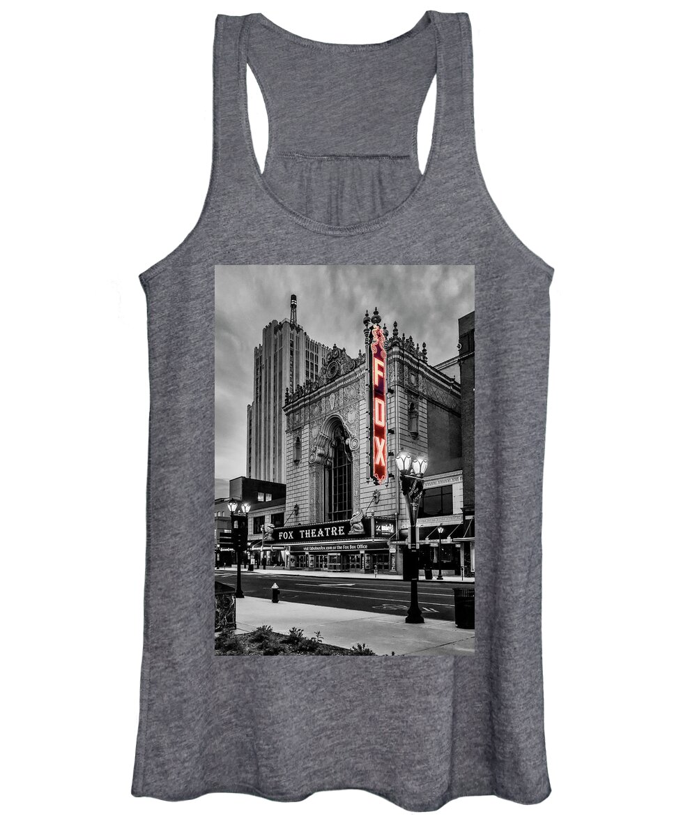 Fox Theater Women's Tank Top featuring the photograph Fox Theater St Louis MO BnW Red Neon_DSC0113_16 by Greg Kluempers