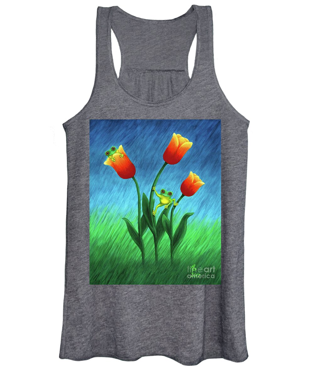 Frogs Women's Tank Top featuring the painting Froggy Tulips by Rebecca Parker