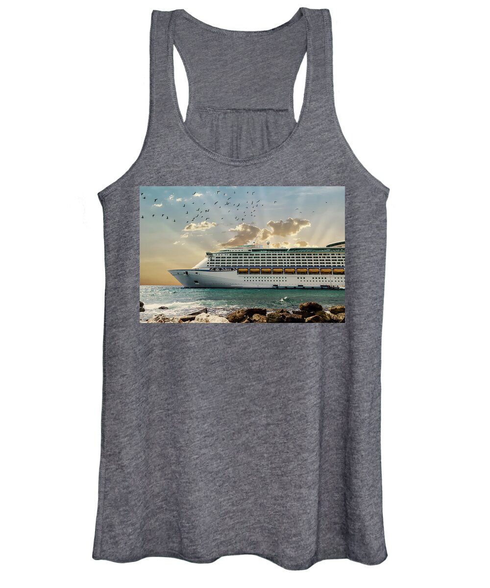 Blue Women's Tank Top featuring the photograph Front of Luxury Cruise Ship Moored Beyond Rocks by Darryl Brooks