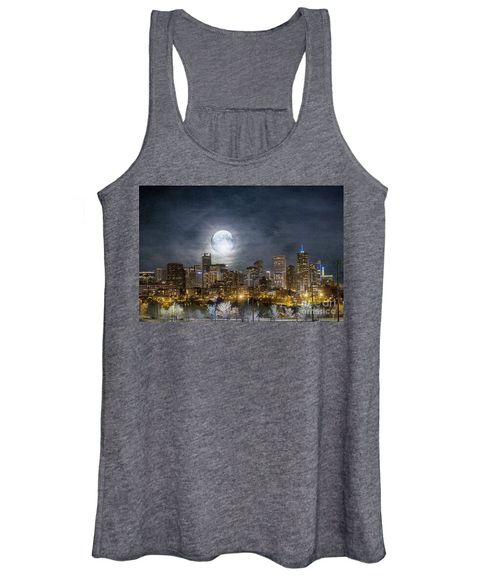 Buildings Women's Tank Top featuring the photograph Full Moon Over Denver by Juli Scalzi