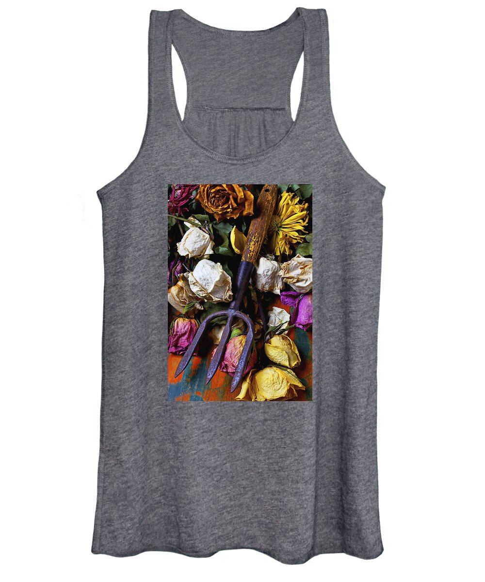 Garden Women's Tank Top featuring the photograph Garden tool and old roses by Garry Gay