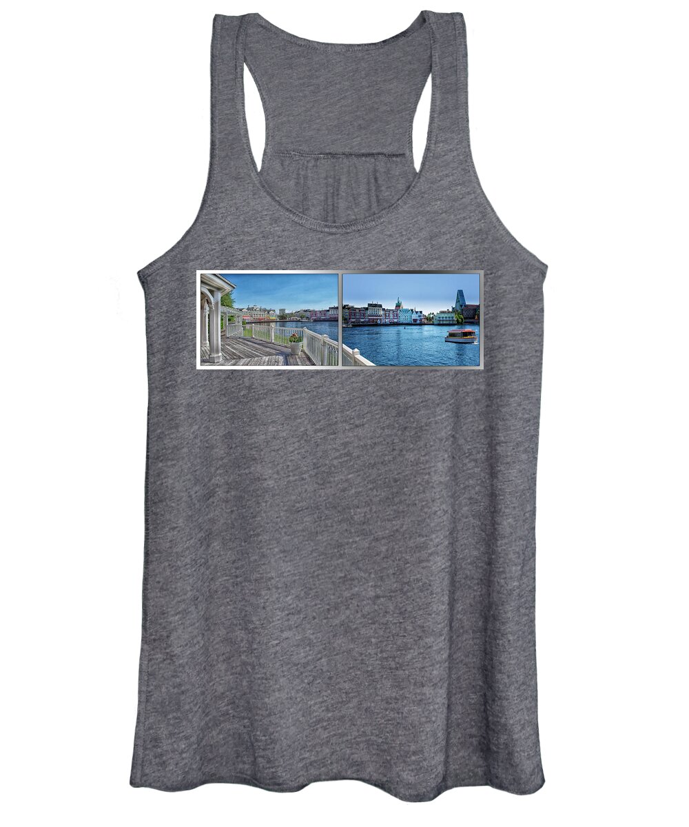 Castle Women's Tank Top featuring the photograph Gazebo 02 Disney World Boardwalk Boat Passing By 2 Panel MP by Thomas Woolworth