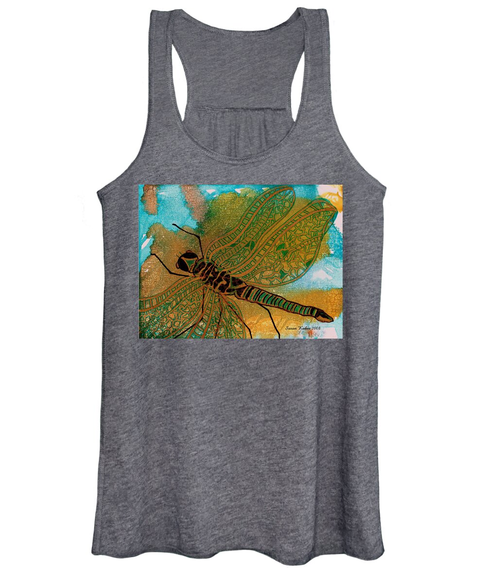 Dragonfly Women's Tank Top featuring the mixed media Golden Dragonfly by Susan Kubes