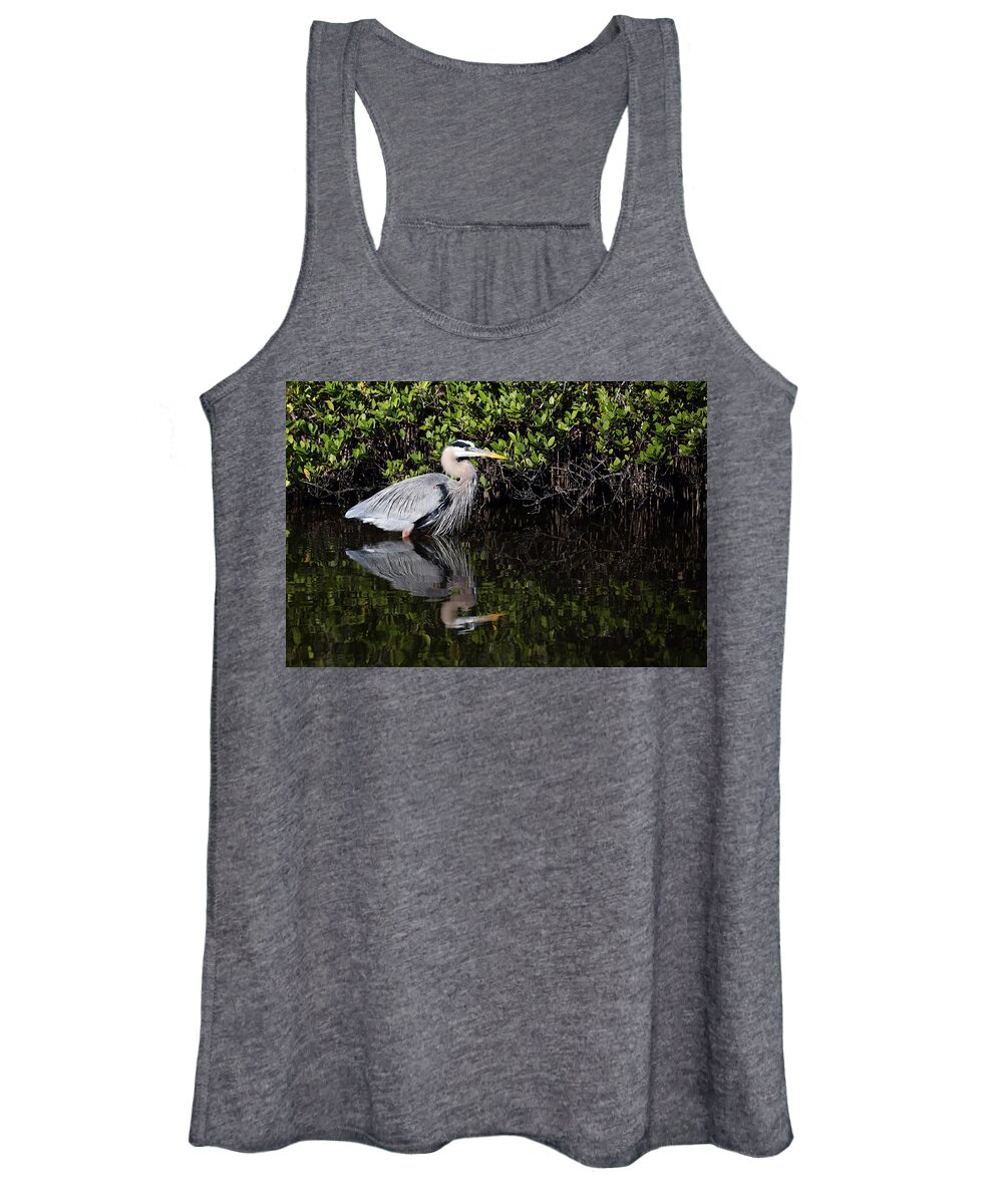 Ardea Hernia Women's Tank Top featuring the photograph Great Blue Heron with Reflection by Jean Clark