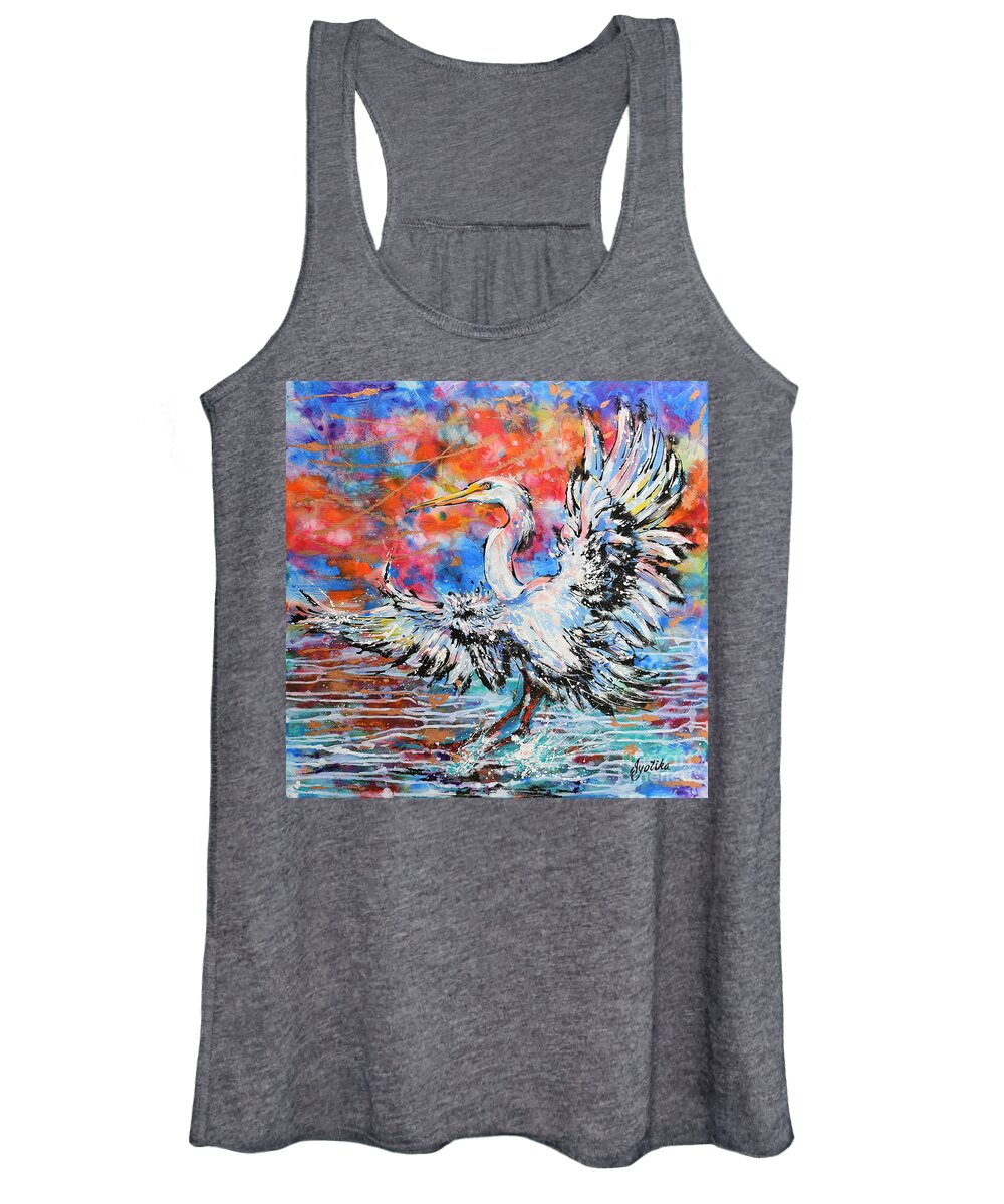  Women's Tank Top featuring the painting Great Egret Sunset Glory by Jyotika Shroff